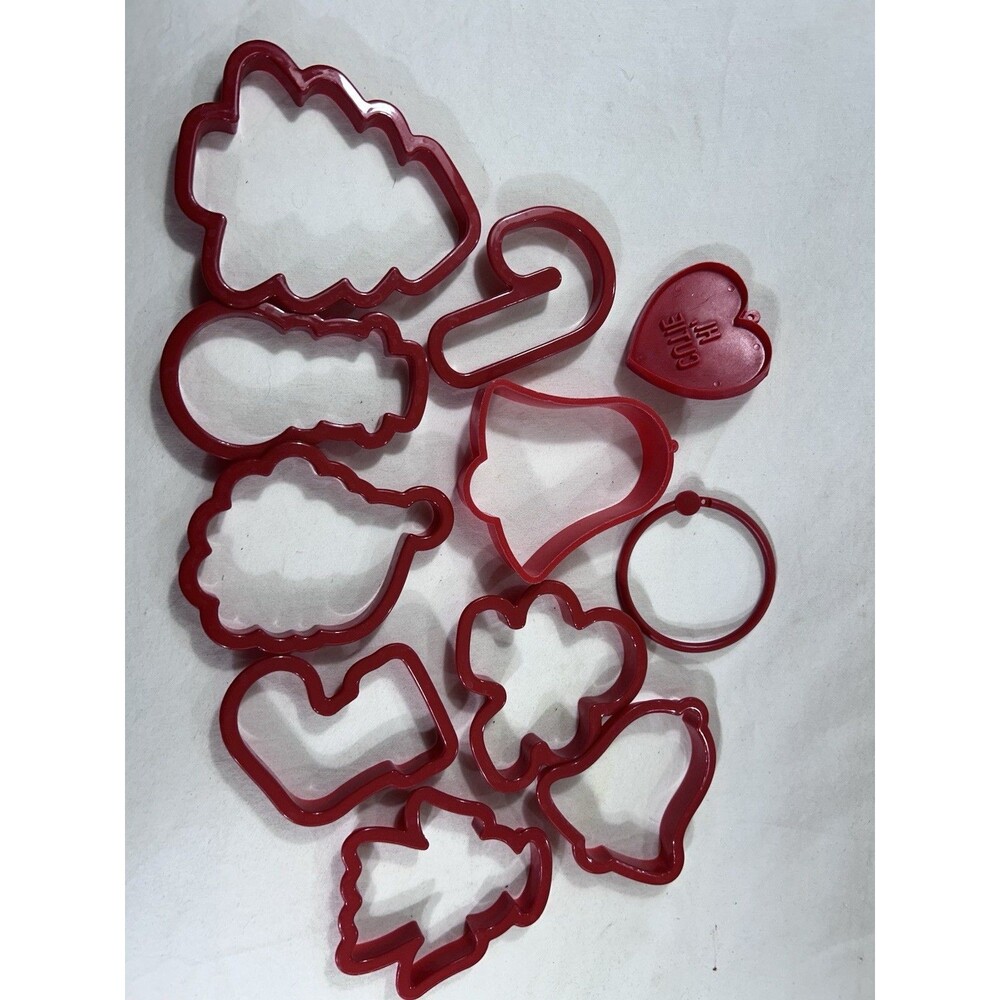 Set of 10 Plastic Christmas Cookie Cutters Red Holiday Bell Angel Tree